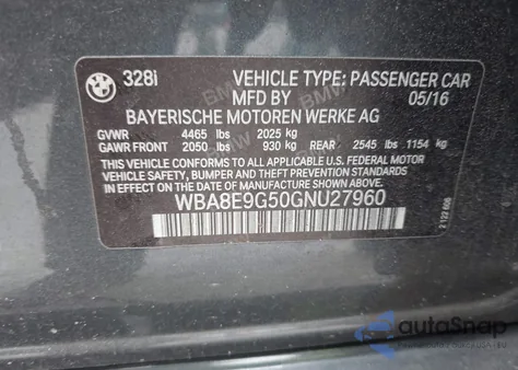 2016 BMW 328I из США, поврежденный, VIN WBA8E9G50GNU27960